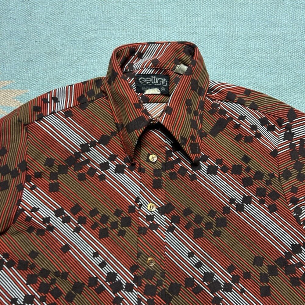 Vintage 70s long sleeve button shirt polyester dagger collar abstract mod medium - Picture 3 of 5